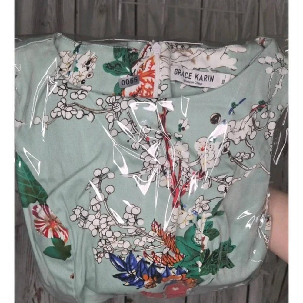 GRACE KARIN Boatneck Sleeveless Vintage‎ Tea Dress, XS Green Floral,  Balletcore